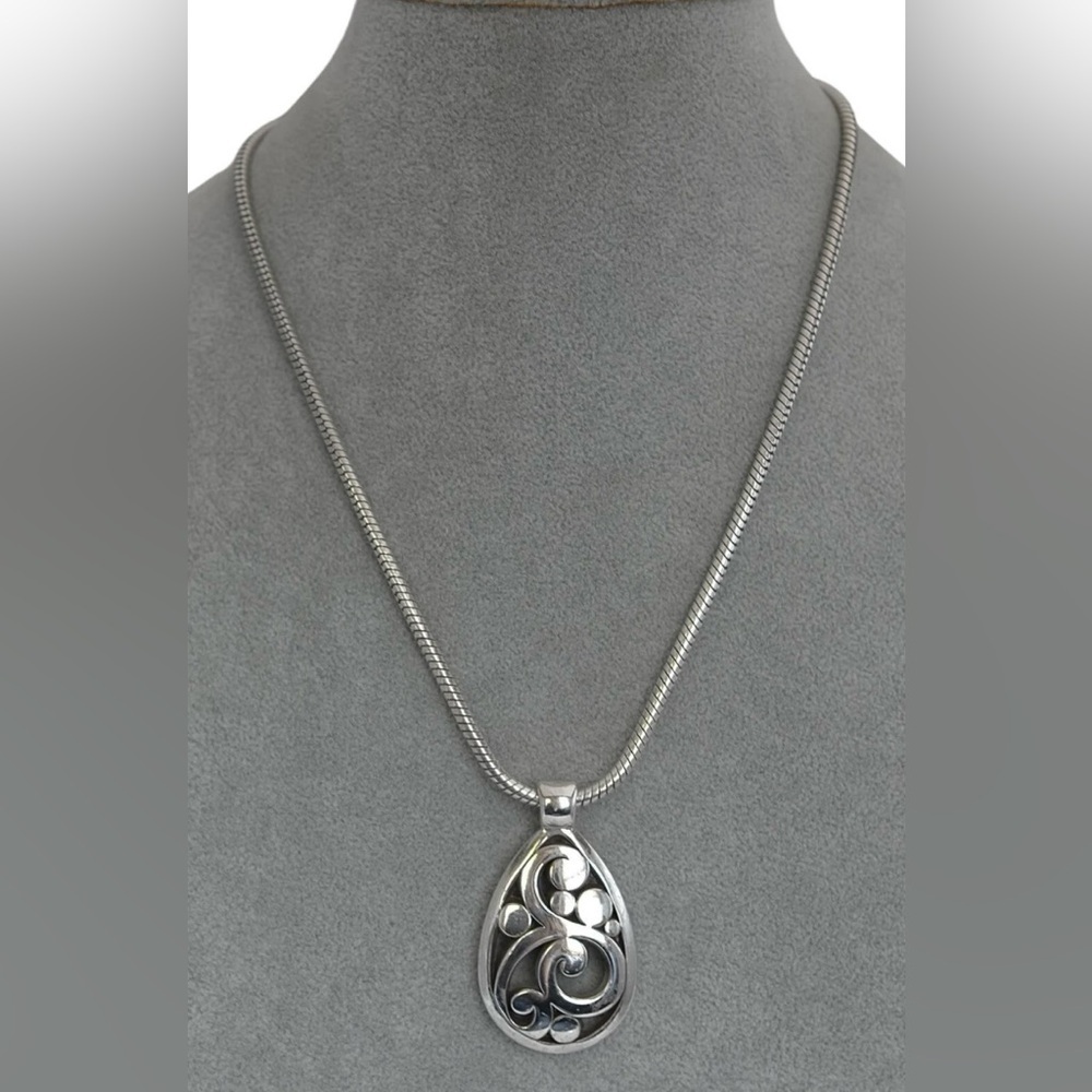 Brighton CONTEMPO Teardrop Pendant Necklace Scrolled Silver Plated Ornate